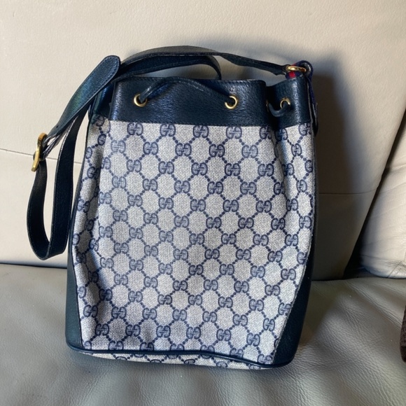 Vintage GUCCI Drawstring Bag 41-02-034 Satchel Blue Guccissima Canvas Leather - Picture 3 of 3